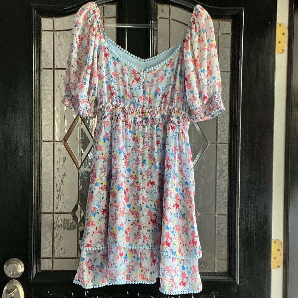 Olivia + Joy Light Blue Floral Smocked Babydoll Dress with Pink and Red Blossoms